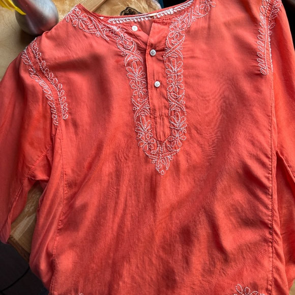 Vintage Silk Blouse – Bright Orange with Floral & Heart Embroidery | Long Sleeve - Picture 2 of 7